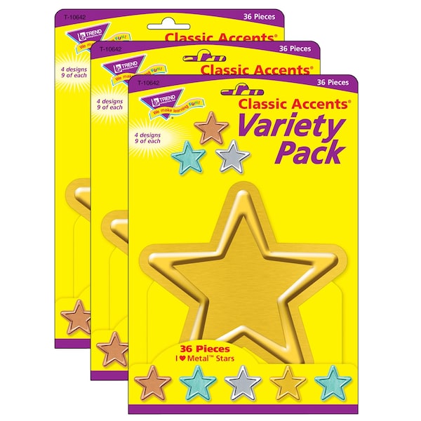 Trend Enterprises I Heart Metal Stars Classic Accents Variety Pack, 36 Pieces, PK3 T10642 - main